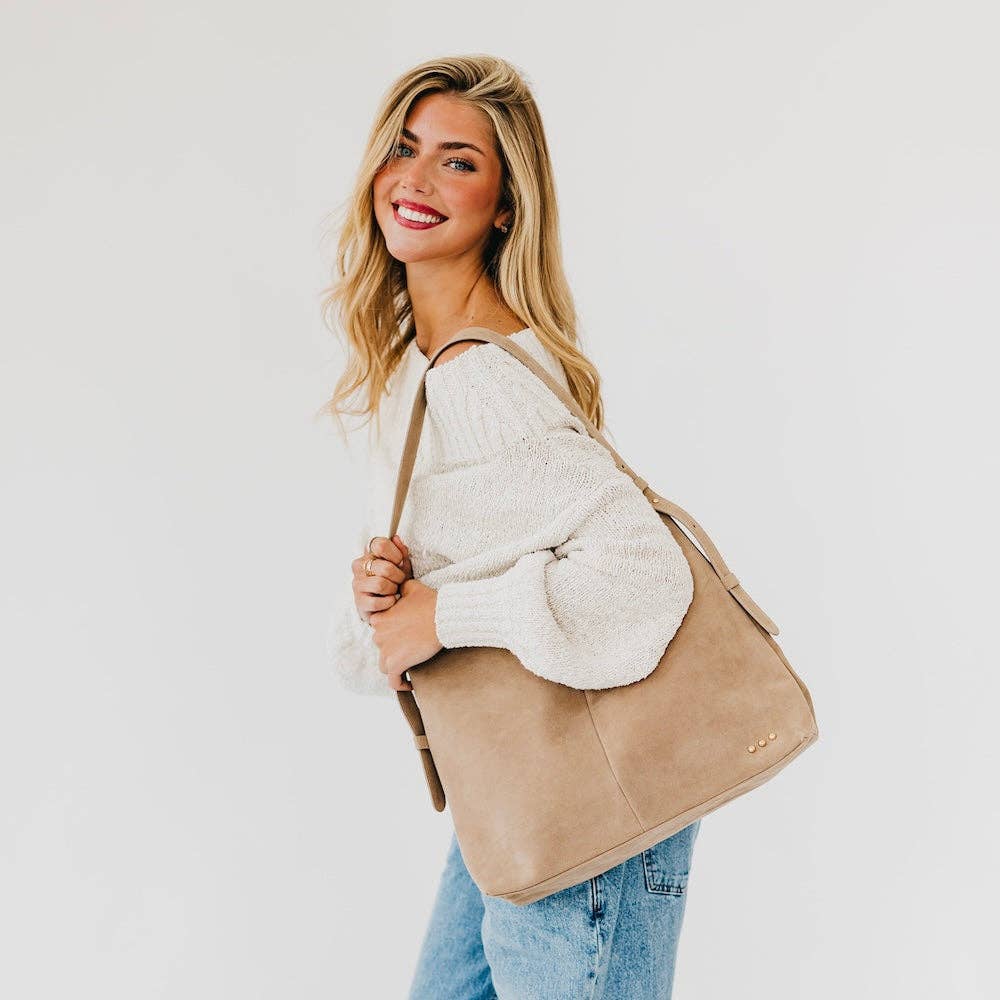 Evie Suede Hobo Shoulder Bag: Taupe
