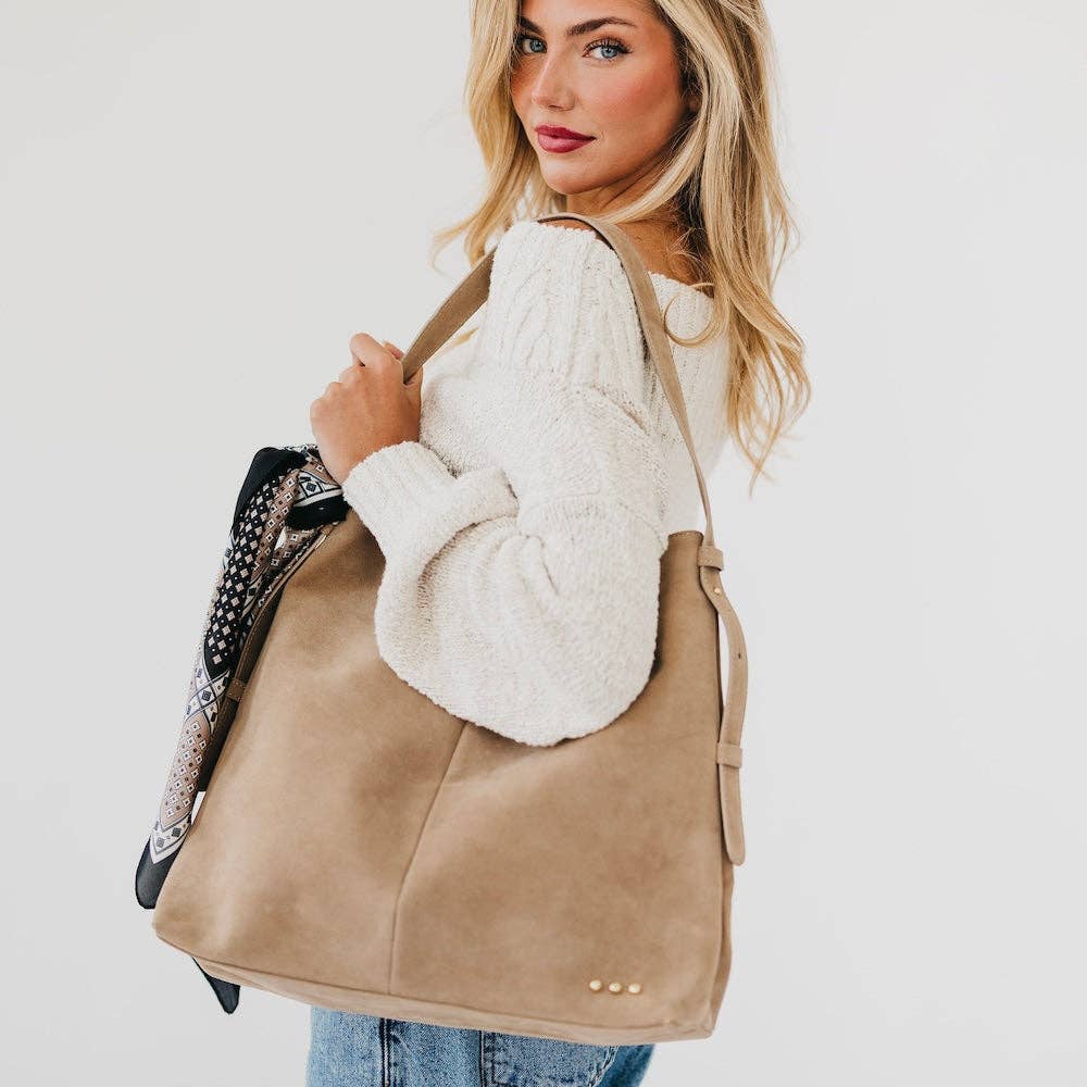 Evie Suede Hobo Shoulder Bag: Taupe