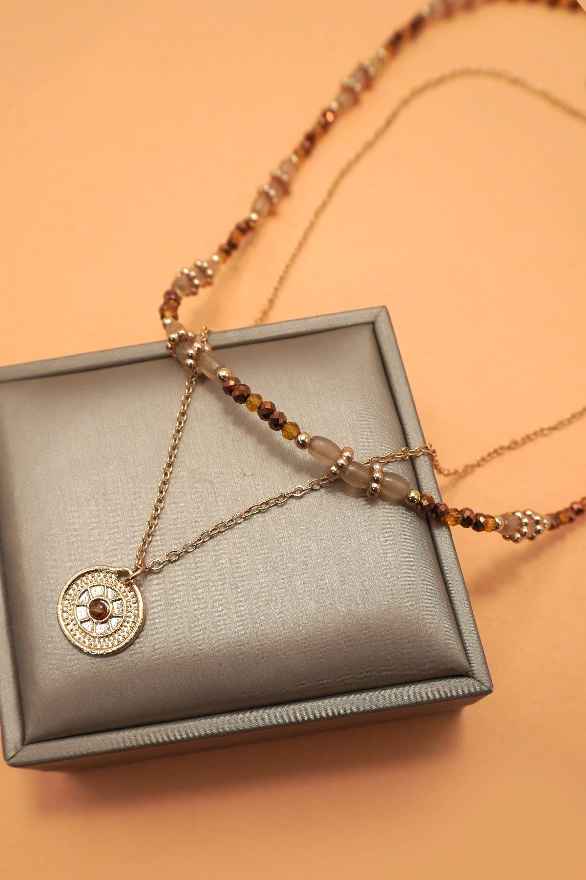 MULTI LAYER BEADED CHAIN COIN CHARM NECKLACE | 40NK9622: GOLD